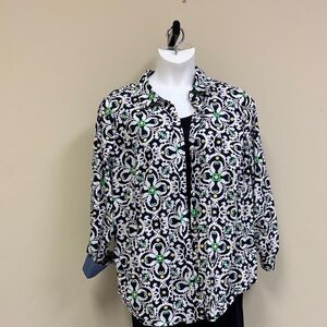 Talbots Navy  Patterned Blouse with yellow and Green Highlights